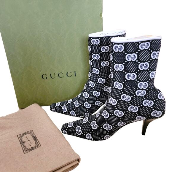 Gucci GG Monogram Ankle Boots Technical Jersey Logo Black White Heeled 9.5 39.5 - Picture 1 of 12